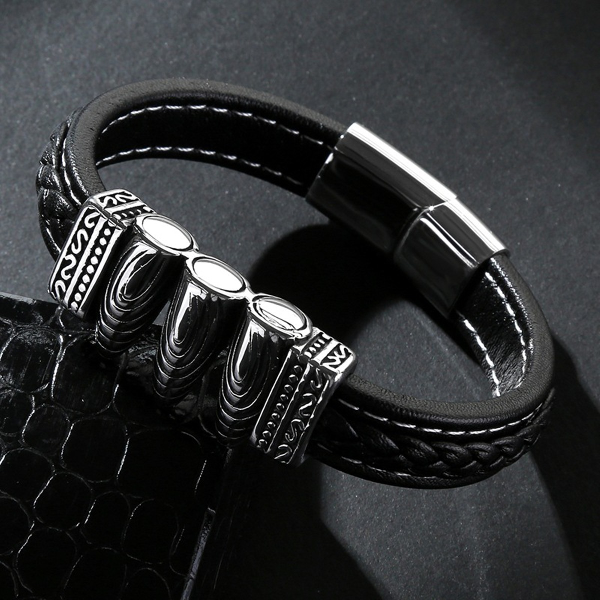 Men's Braided Leather Bracelet Silver Bullet Stainless Steel Clasp Wristband Cuff Rope Bangle for Men Gifts