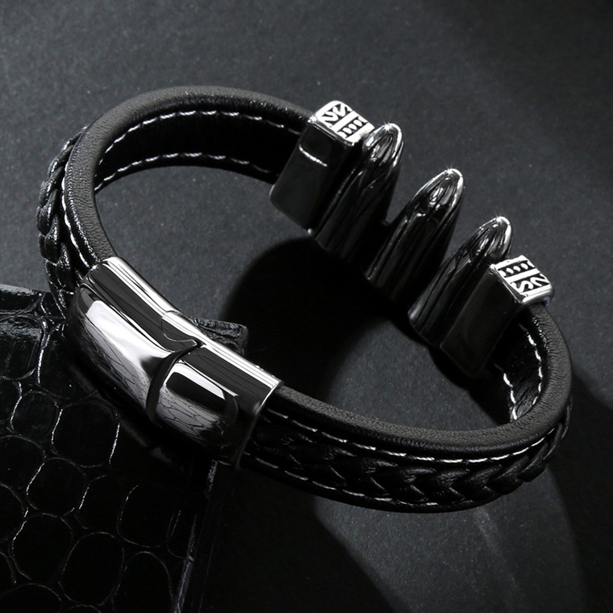 Men's Braided Leather Bracelet Silver Bullet Stainless Steel Clasp Wristband Cuff Rope Bangle for Men Gifts