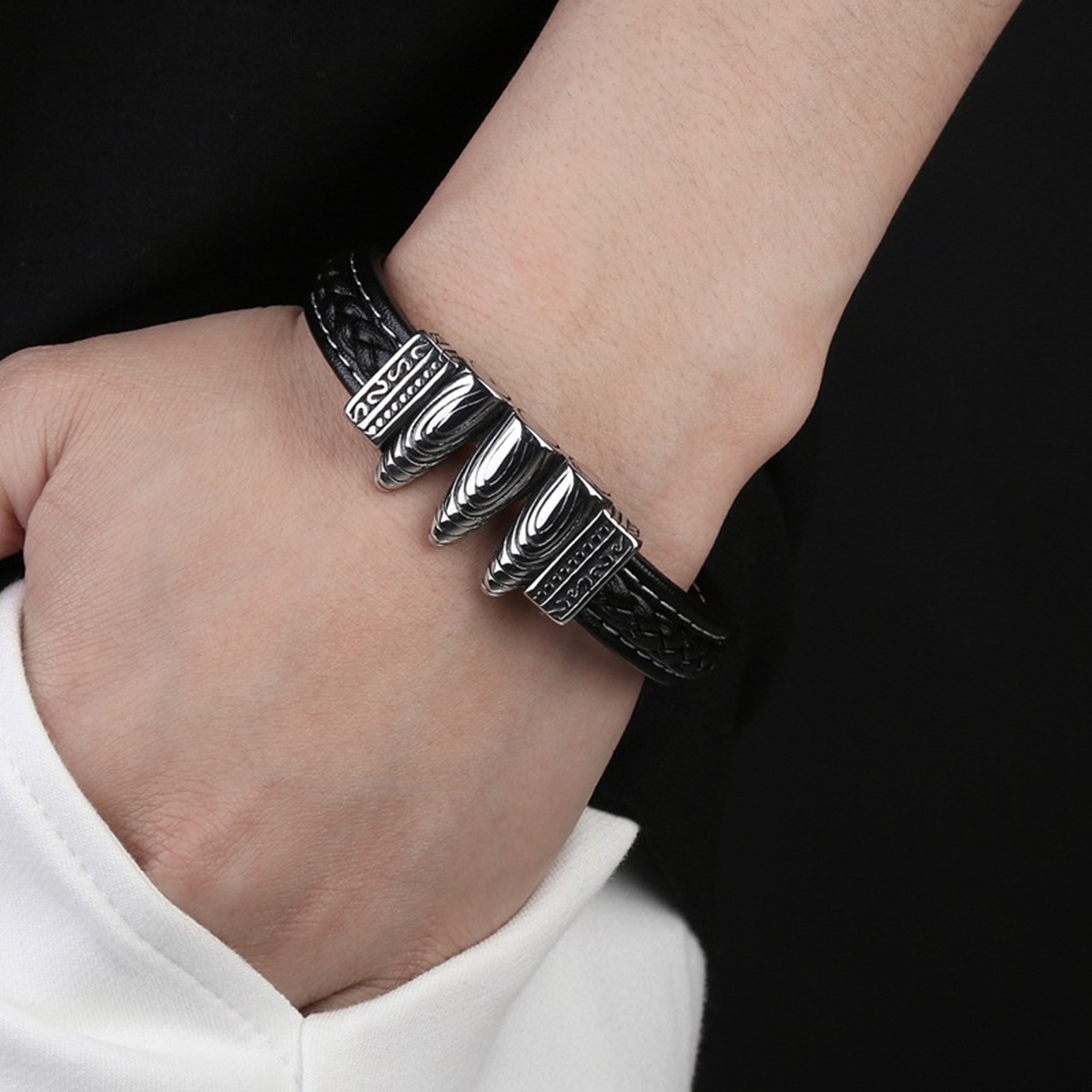 Men's Braided Leather Bracelet Silver Bullet Stainless Steel Clasp Wristband Cuff Rope Bangle for Men Gifts