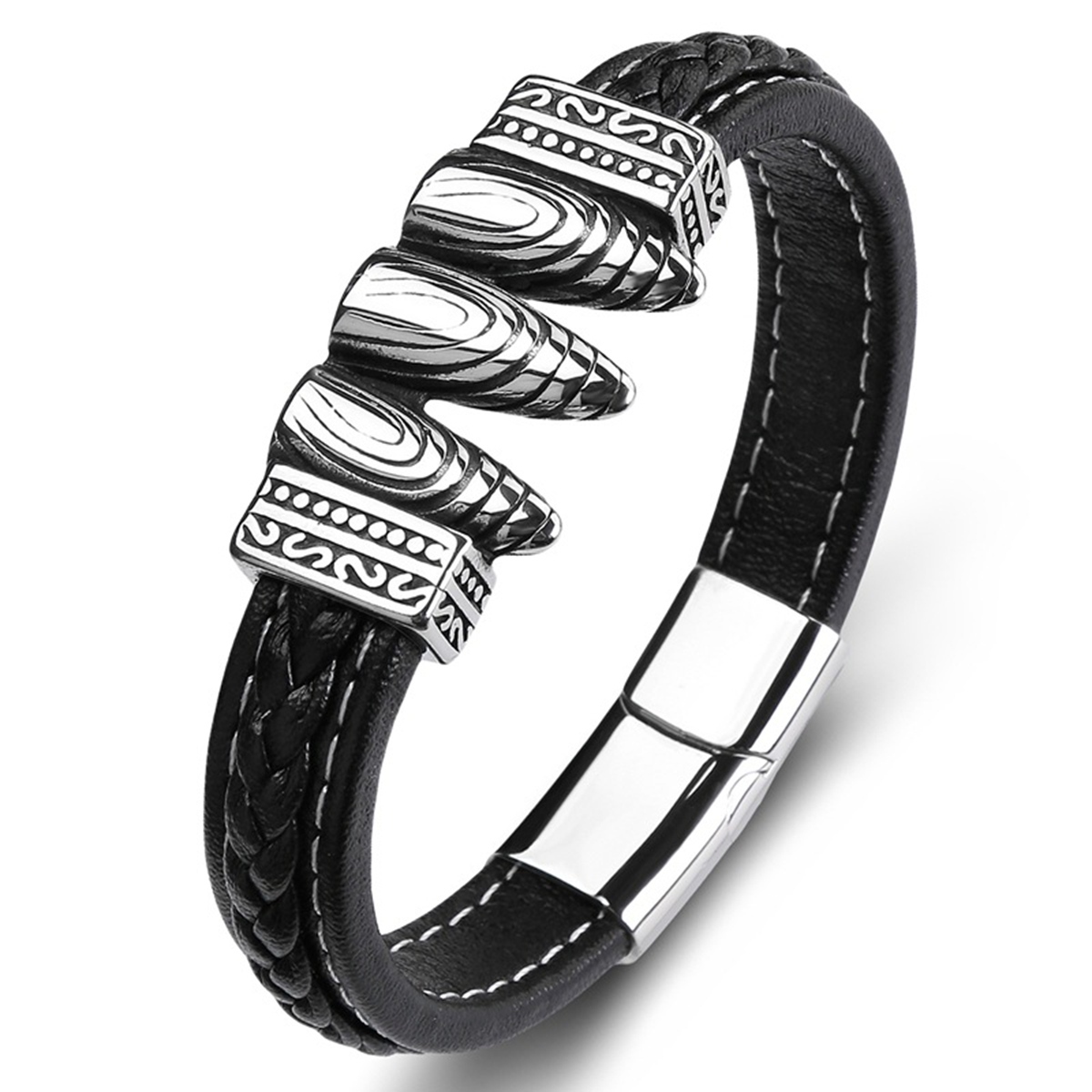 Men's Braided Leather Bracelet Silver Bullet Stainless Steel Clasp Wristband Cuff Rope Bangle for Men Gifts