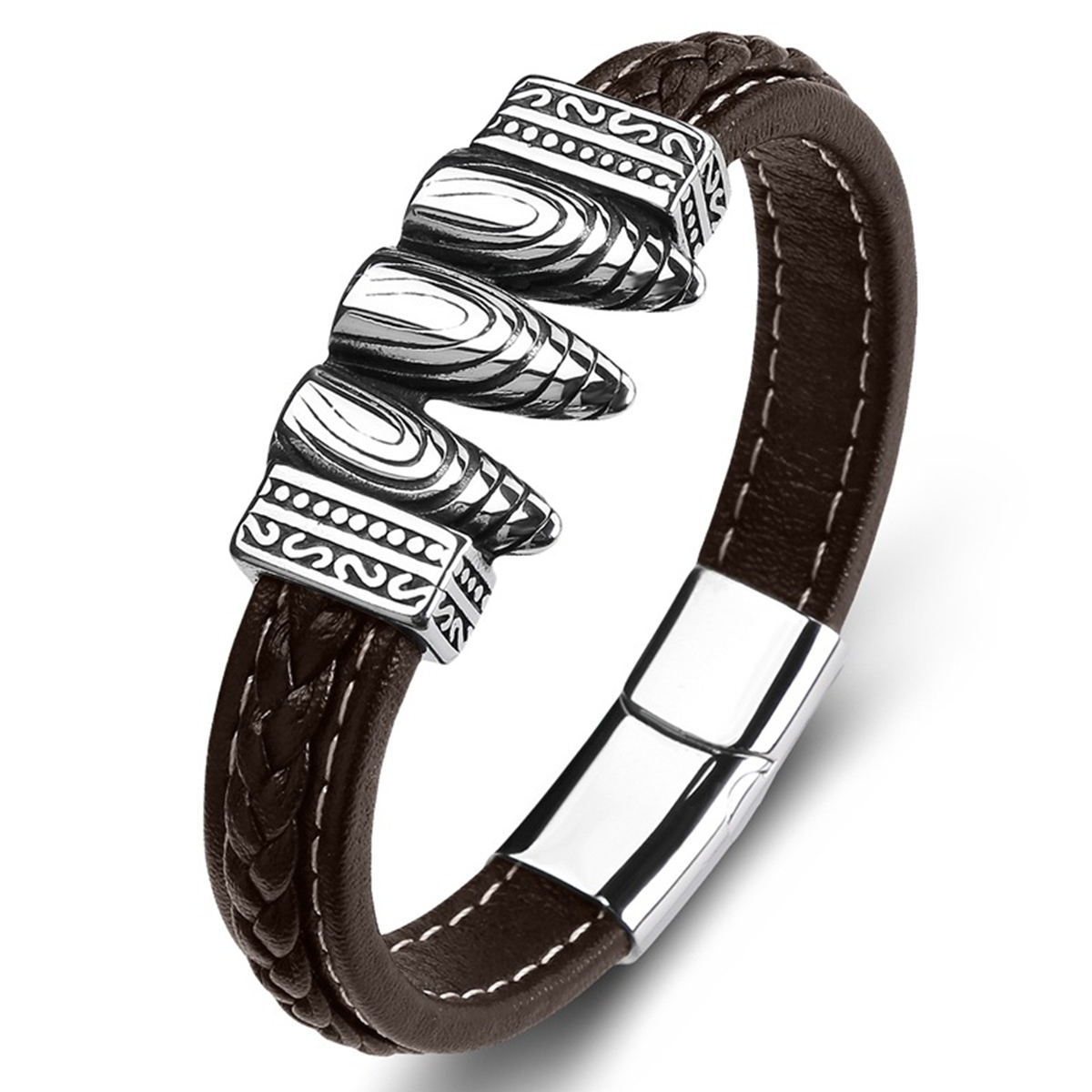 Men's Braided Leather Bracelet Silver Bullet Stainless Steel Clasp Wristband Cuff Rope Bangle for Men Gifts