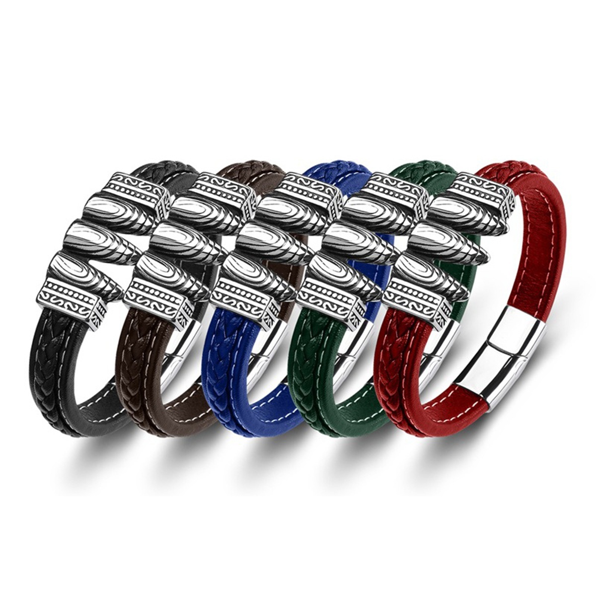 Men's Braided Leather Bracelet Silver Bullet Stainless Steel Clasp Wristband Cuff Rope Bangle for Men Gifts