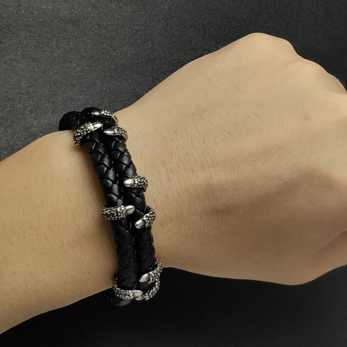 Men's Braided Leather Bracelet Silver Claw Stainless Steel Clasp Wristband Cuff Rope Bangle for Men Gifts
