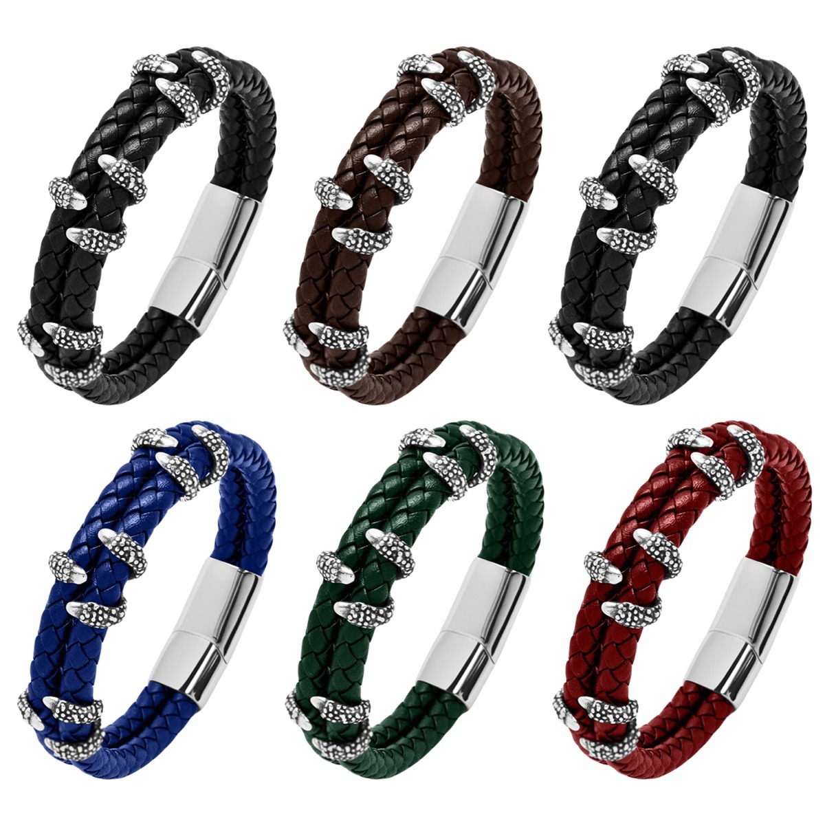 Men's Braided Leather Bracelet Silver Claw Stainless Steel Clasp Wristband Cuff Rope Bangle for Men Gifts
