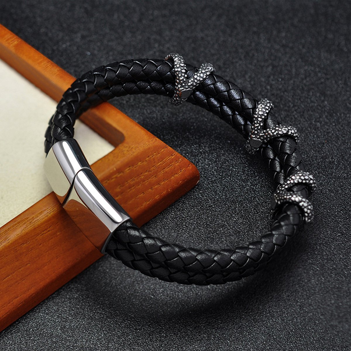 Men's Braided Leather Bracelet Silver Claw Stainless Steel Clasp Wristband Cuff Rope Bangle for Men Gifts
