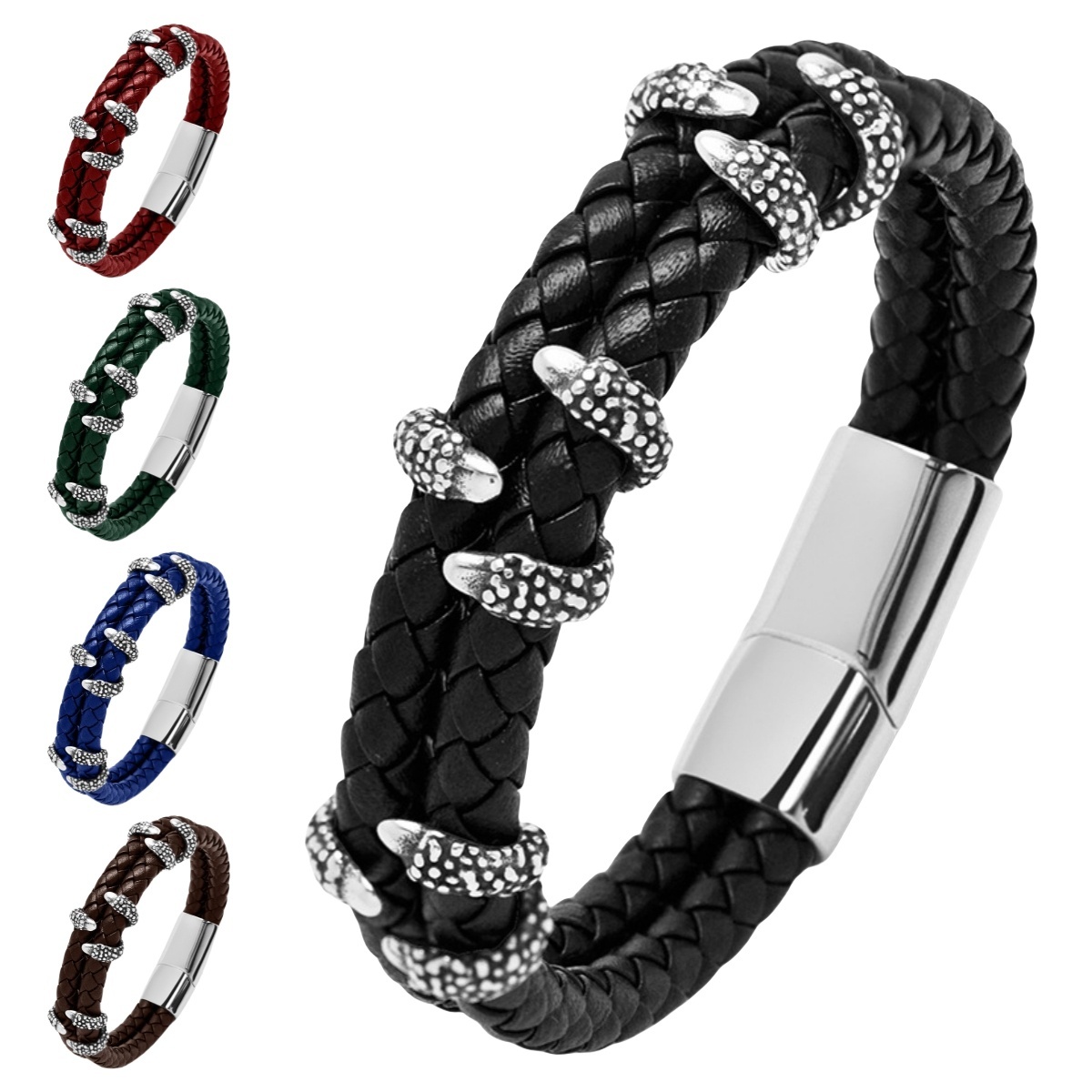 Men's Braided Leather Bracelet Silver Claw Stainless Steel Clasp Wristband Cuff Rope Bangle for Men Gifts
