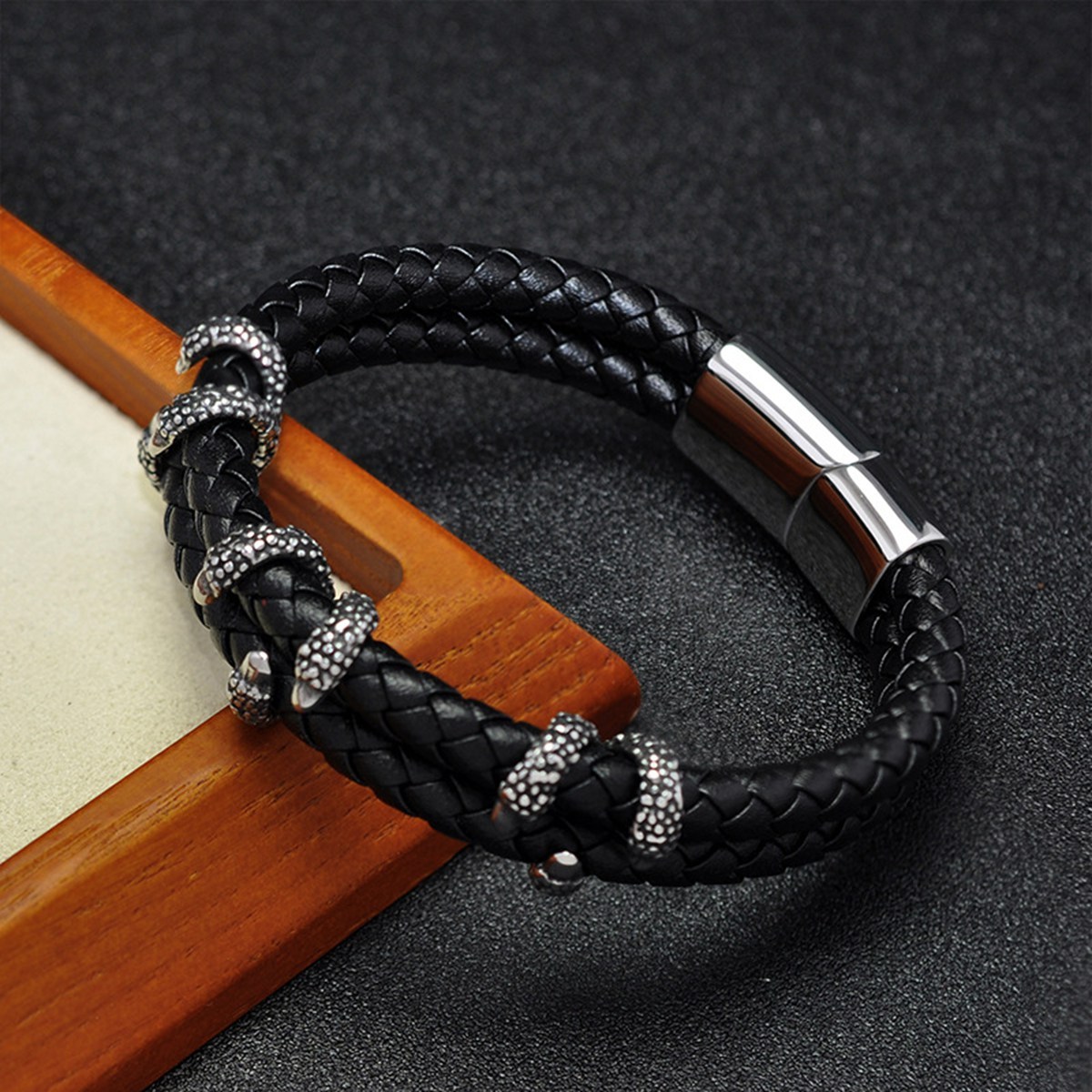 Men's Braided Leather Bracelet Silver Claw Stainless Steel Clasp Wristband Cuff Rope Bangle for Men Gifts