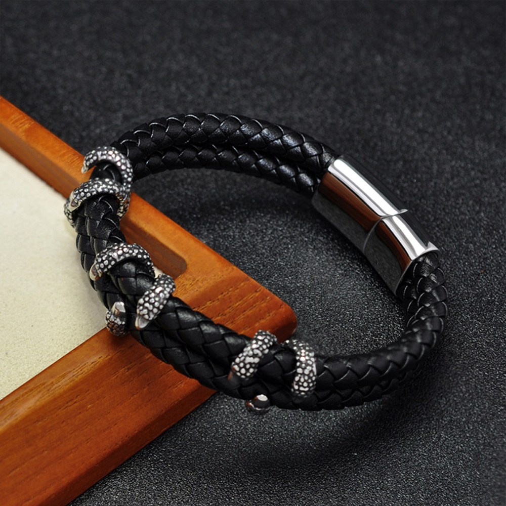 Men's Braided Leather Bracelet Silver Claw Stainless Steel Clasp Wristband Cuff Rope Bangle for Men Gifts
