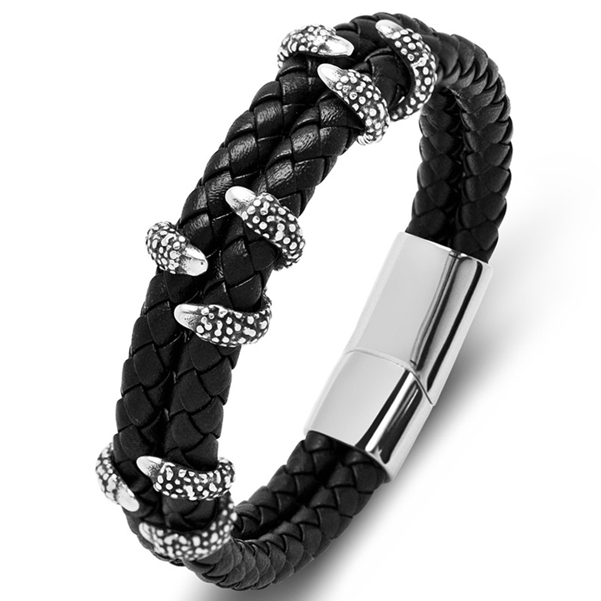 Men's Braided Leather Bracelet Silver Claw Stainless Steel Clasp Wristband Cuff Rope Bangle for Men Gifts