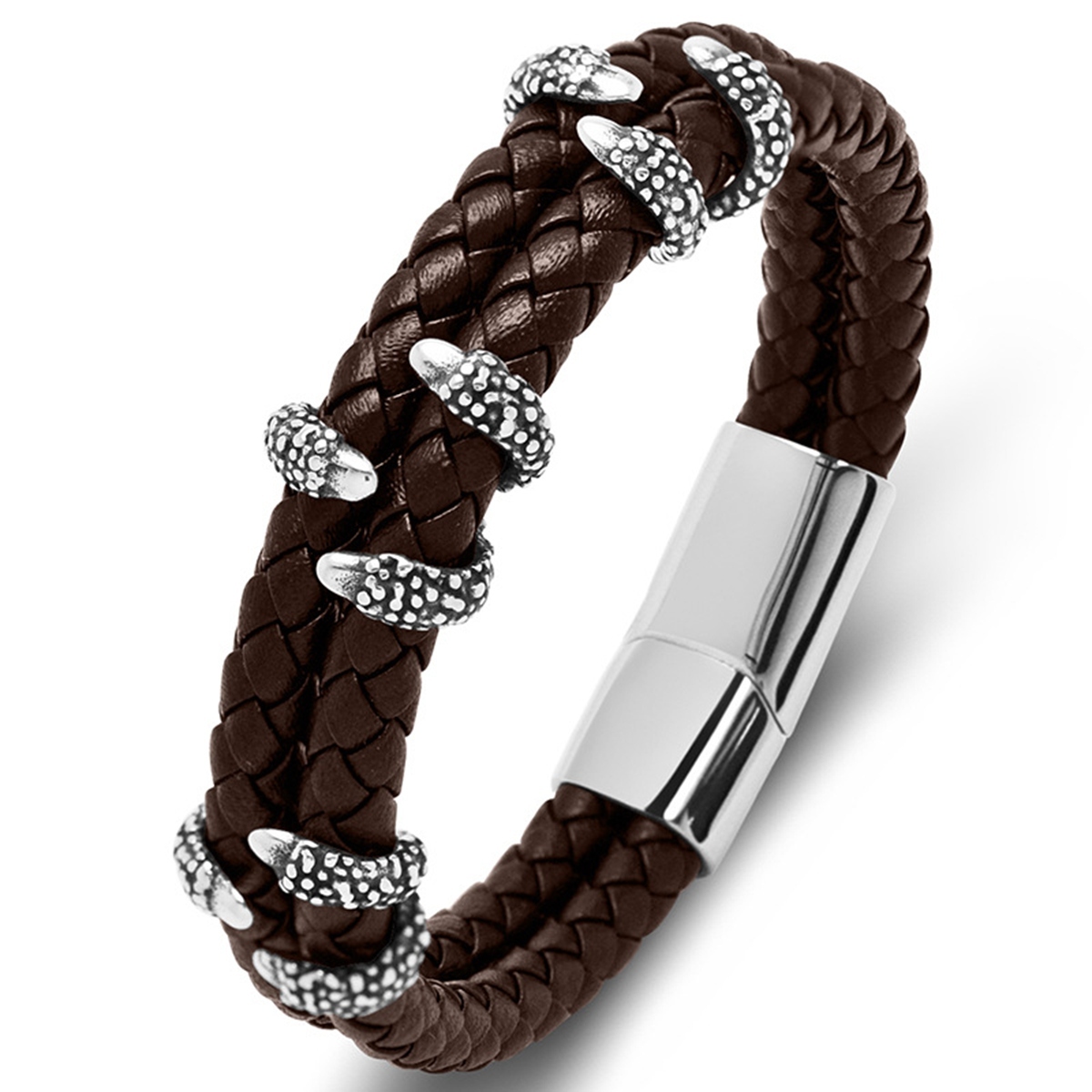 Men's Braided Leather Bracelet Silver Claw Stainless Steel Clasp Wristband Cuff Rope Bangle for Men Gifts