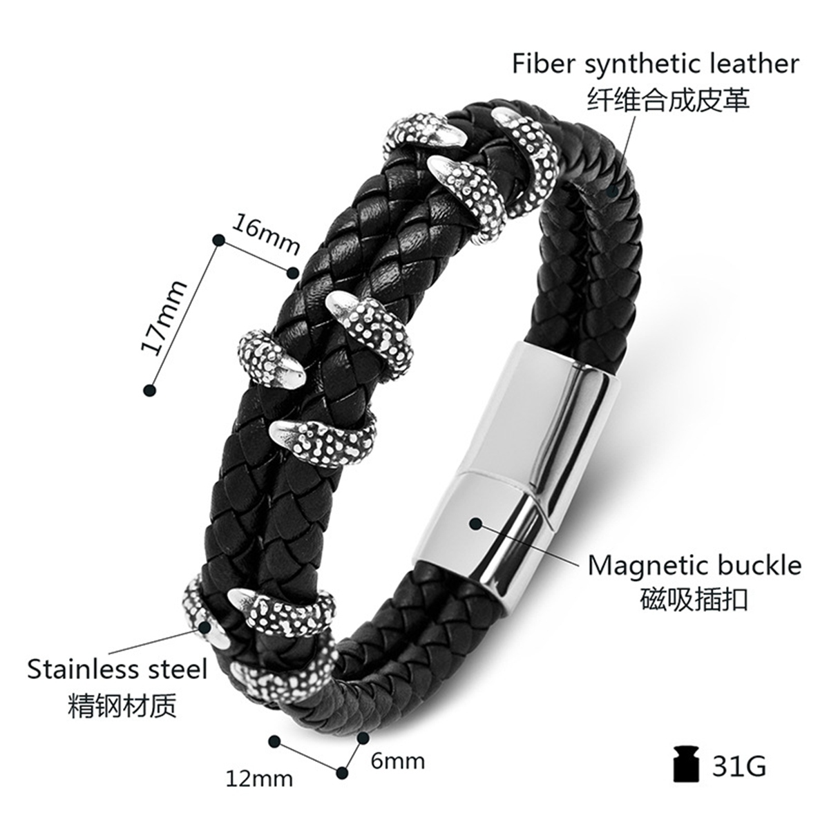 Men's Braided Leather Bracelet Silver Claw Stainless Steel Clasp Wristband Cuff Rope Bangle for Men Gifts