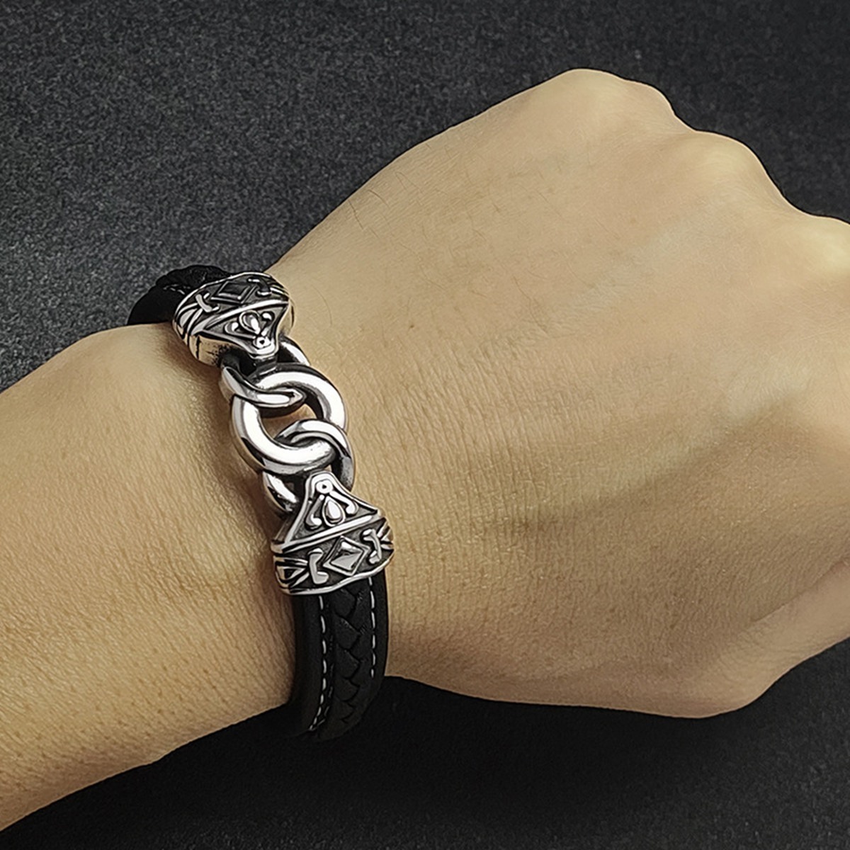 Men's Braided Leather Bracelet Silver Totem Chain Stainless Steel Clasp Wristband Cuff Rope Bangle for Men Gifts