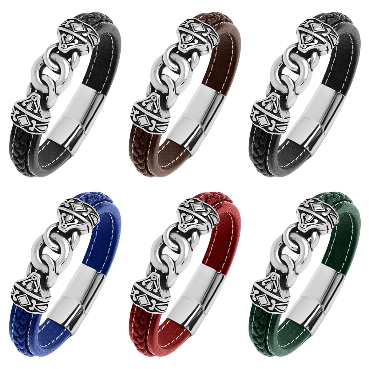 Men's Braided Leather Bracelet Silver Totem Chain Stainless Steel Clasp Wristband Cuff Rope Bangle for Men Gifts