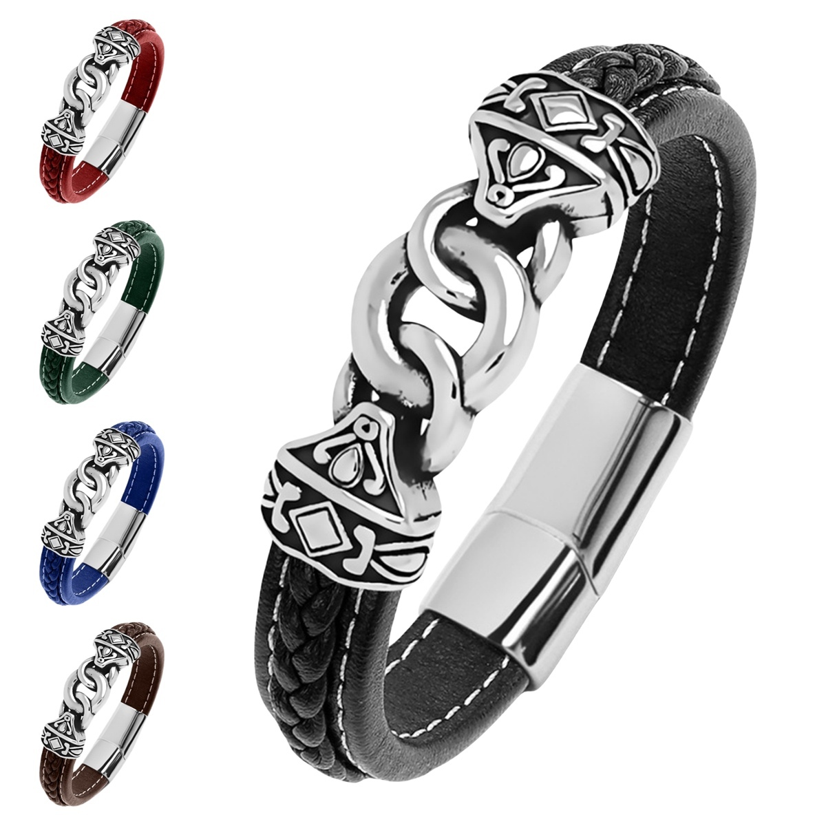Men's Braided Leather Bracelet Silver Totem Chain Stainless Steel Clasp Wristband Cuff Rope Bangle for Men Gifts