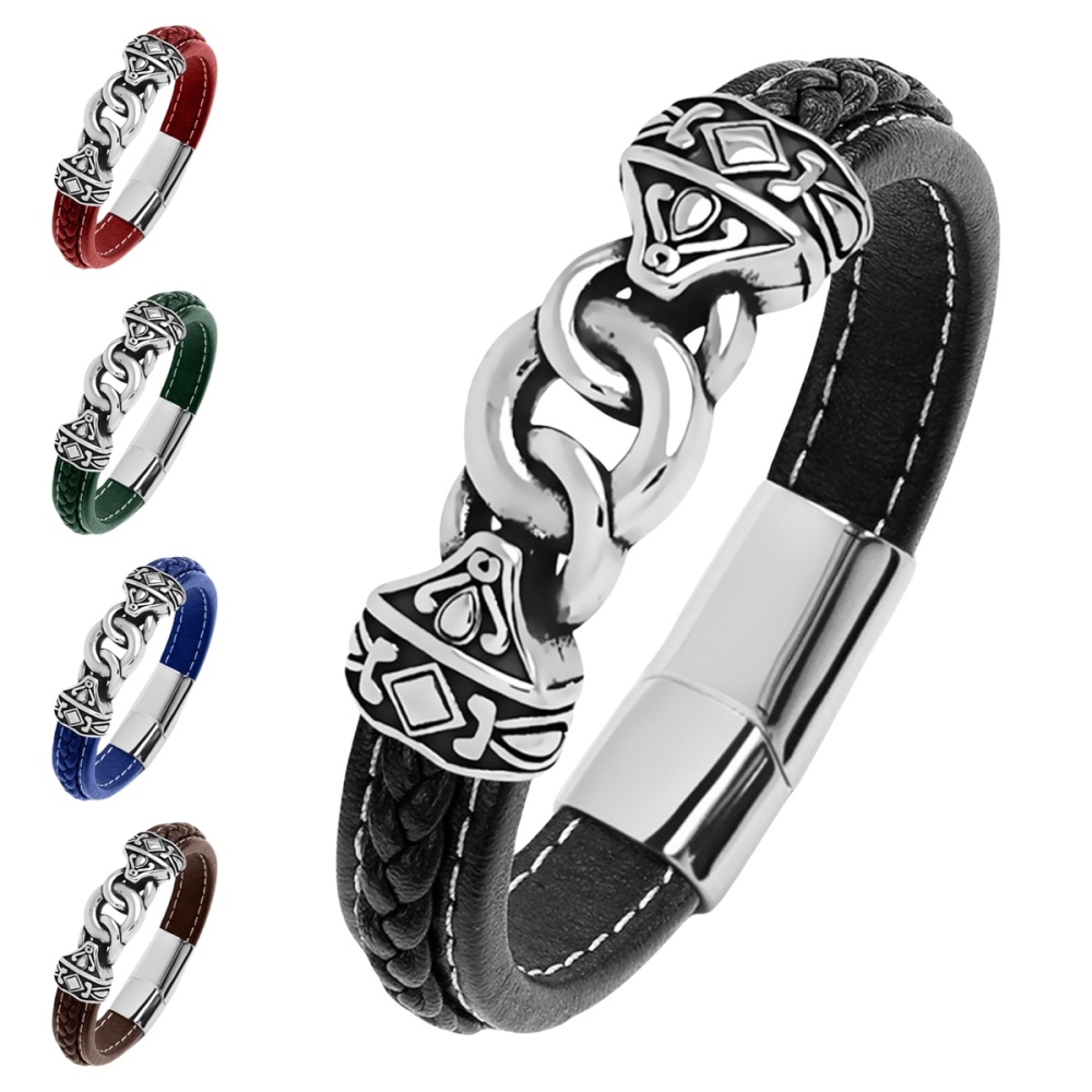 Men's Braided Leather Bracelet Silver Totem Chain Stainless Steel Clasp Wristband Cuff Rope Bangle for Men Gifts