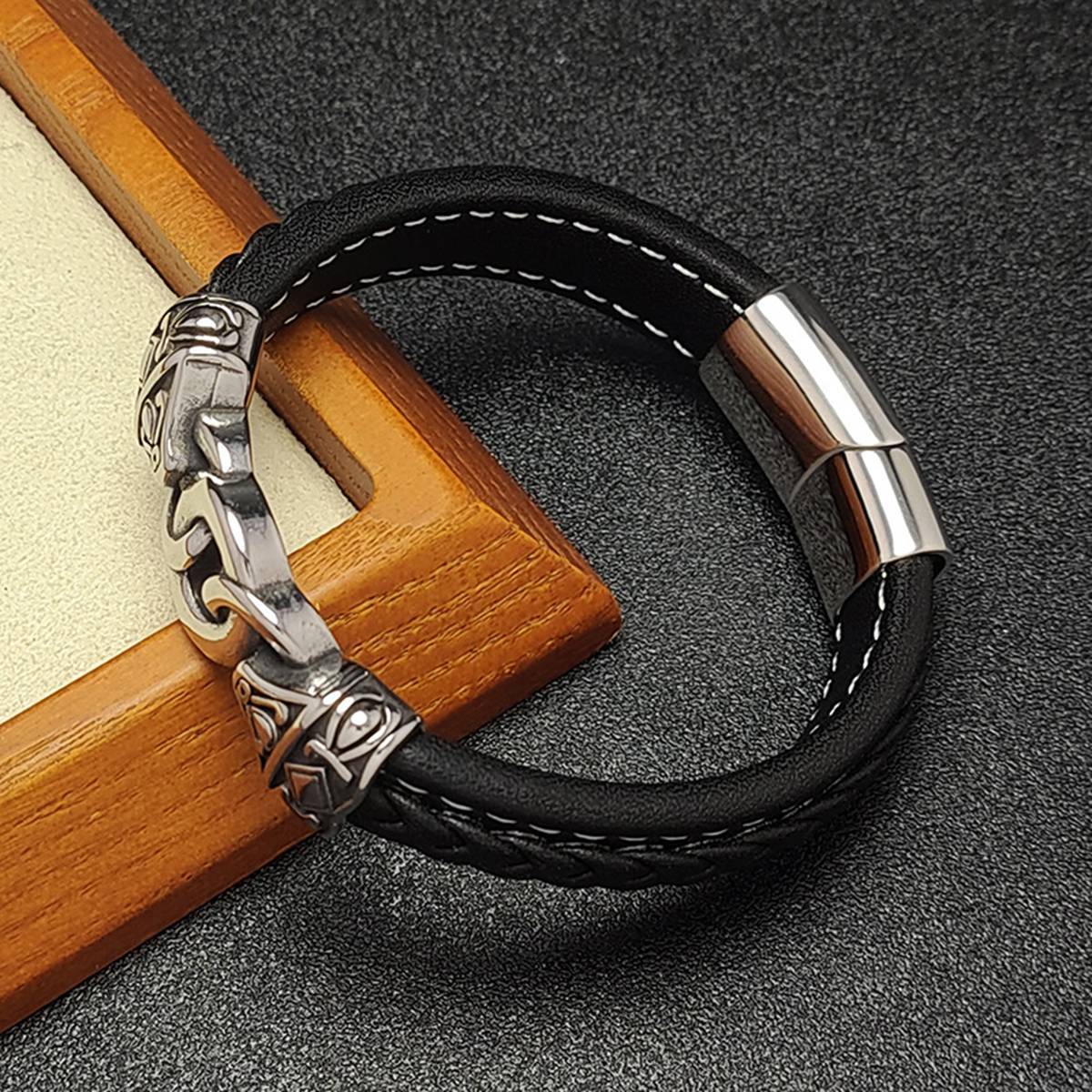 Men's Braided Leather Bracelet Silver Totem Chain Stainless Steel Clasp Wristband Cuff Rope Bangle for Men Gifts