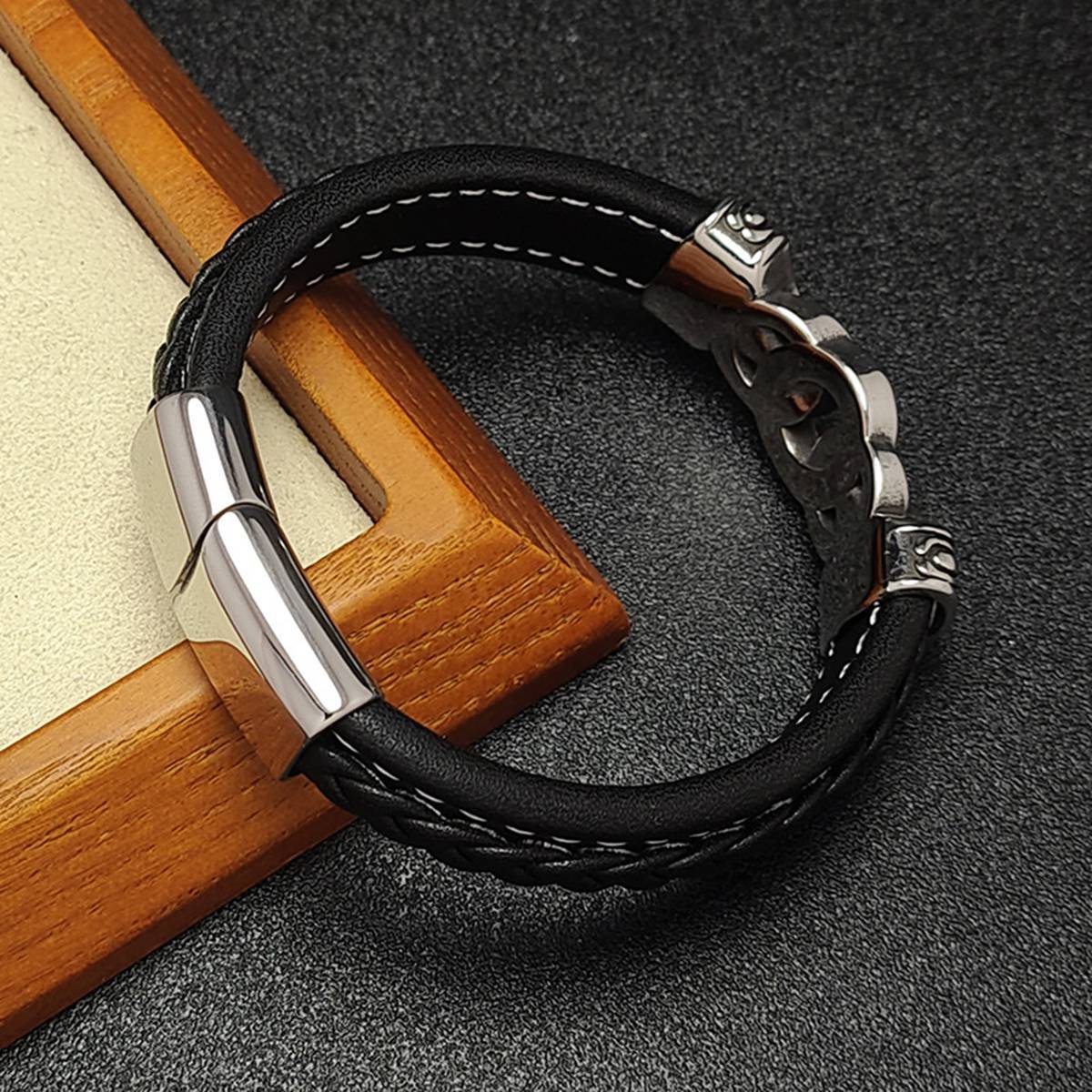 Men's Braided Leather Bracelet Silver Totem Chain Stainless Steel Clasp Wristband Cuff Rope Bangle for Men Gifts