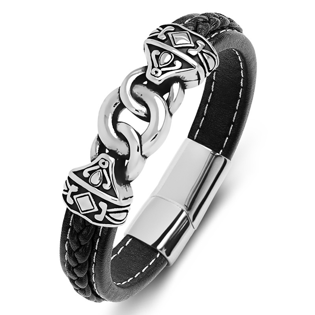 Men's Braided Leather Bracelet Silver Totem Chain Stainless Steel Clasp Wristband Cuff Rope Bangle for Men Gifts