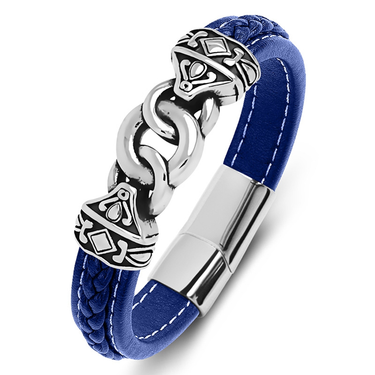 Men's Braided Leather Bracelet Silver Totem Chain Stainless Steel Clasp Wristband Cuff Rope Bangle for Men Gifts