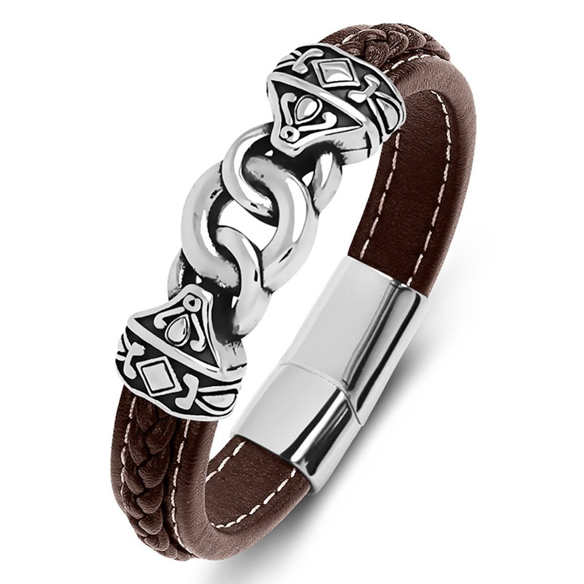 Men's Braided Leather Bracelet Silver Totem Chain Stainless Steel Clasp Wristband Cuff Rope Bangle for Men Gifts