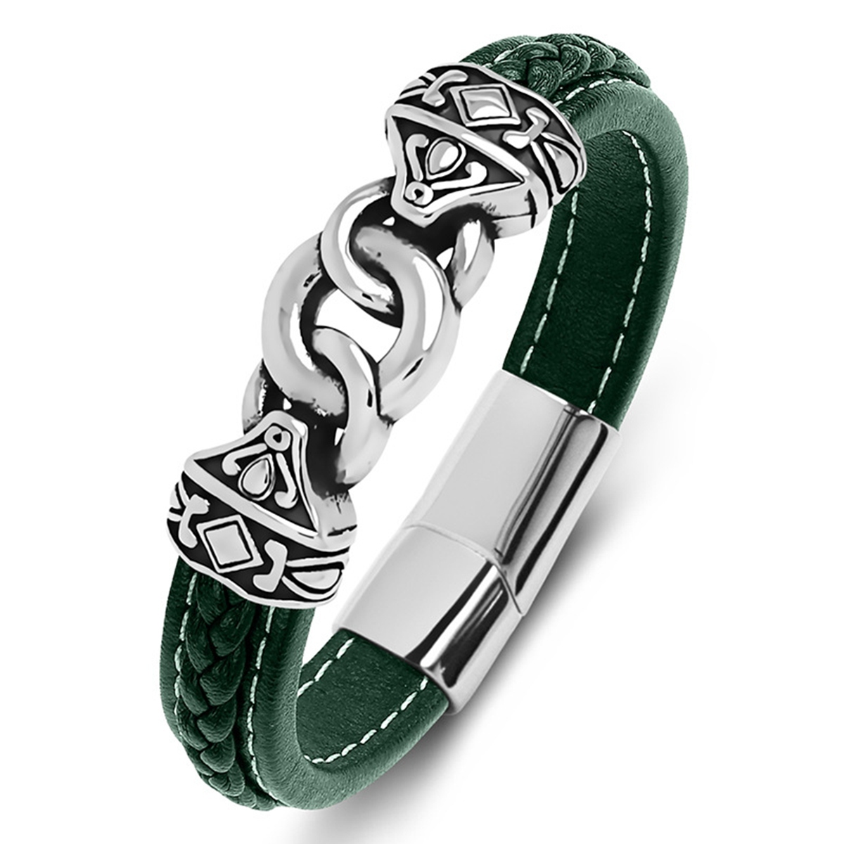 Men's Braided Leather Bracelet Silver Totem Chain Stainless Steel Clasp Wristband Cuff Rope Bangle for Men Gifts