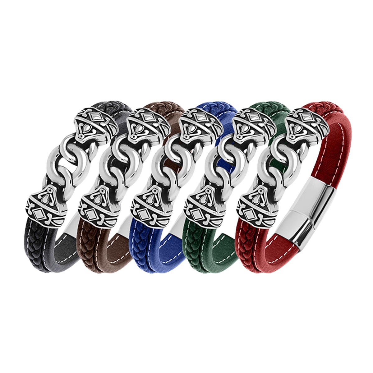 Men's Braided Leather Bracelet Silver Totem Chain Stainless Steel Clasp Wristband Cuff Rope Bangle for Men Gifts