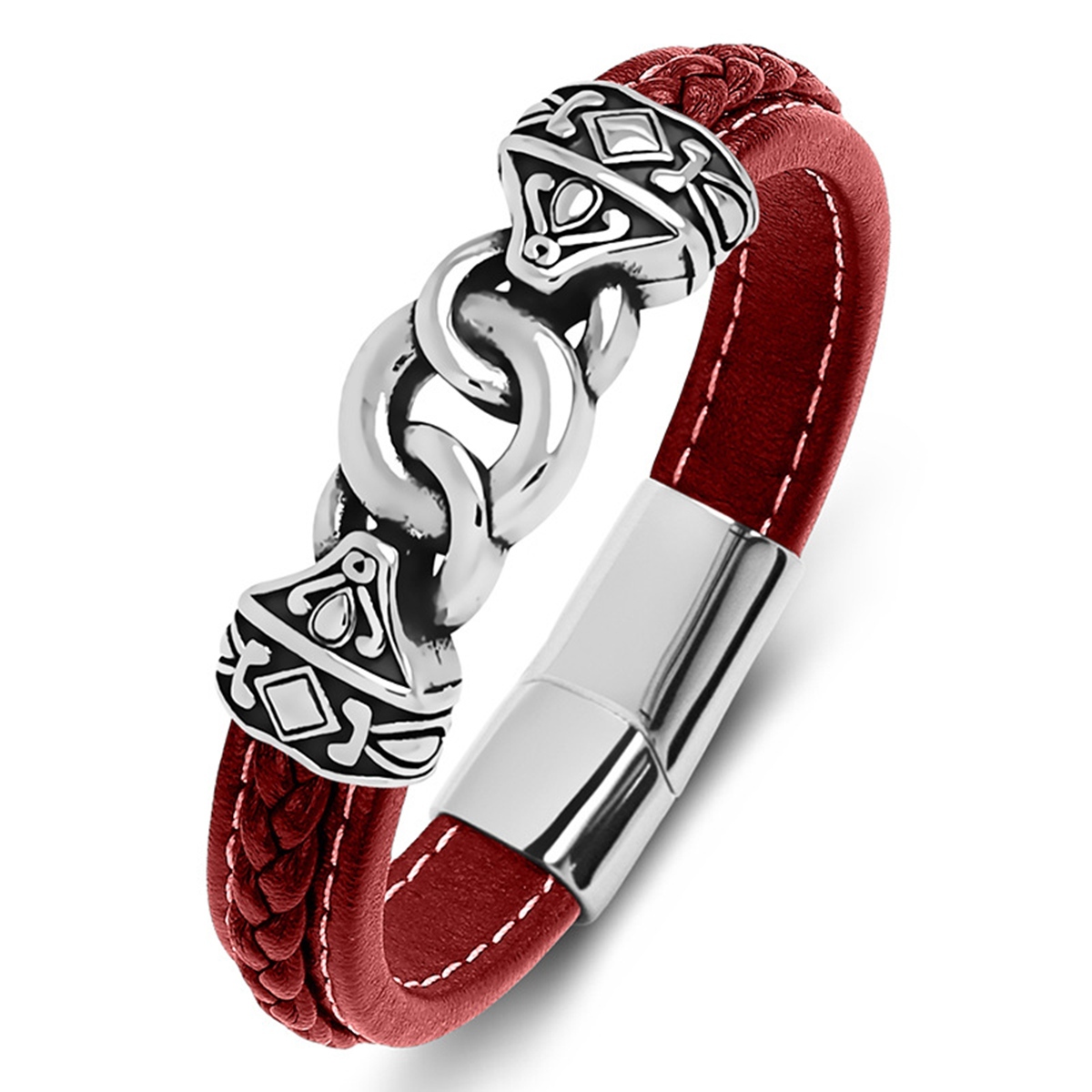 Men's Braided Leather Bracelet Silver Totem Chain Stainless Steel Clasp Wristband Cuff Rope Bangle for Men Gifts