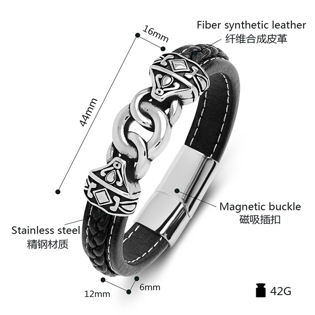 Men's Braided Leather Bracelet Silver Totem Chain Stainless Steel Clasp Wristband Cuff Rope Bangle for Men Gifts
