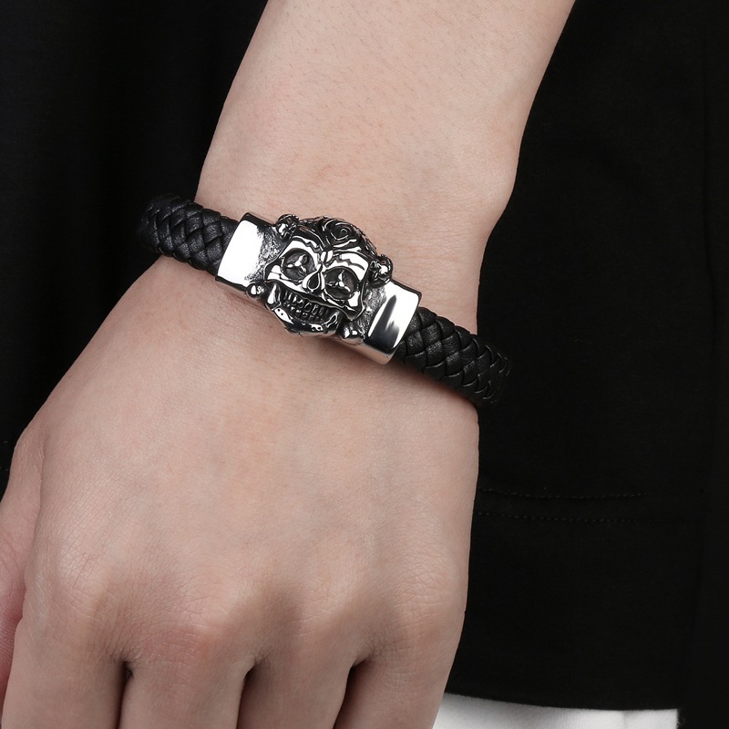 Men's Braided Leather Bracelet Silver Skull Head Chain Stainless Steel Clasp Wristband Cuff Rope Bangle for Men Gifts