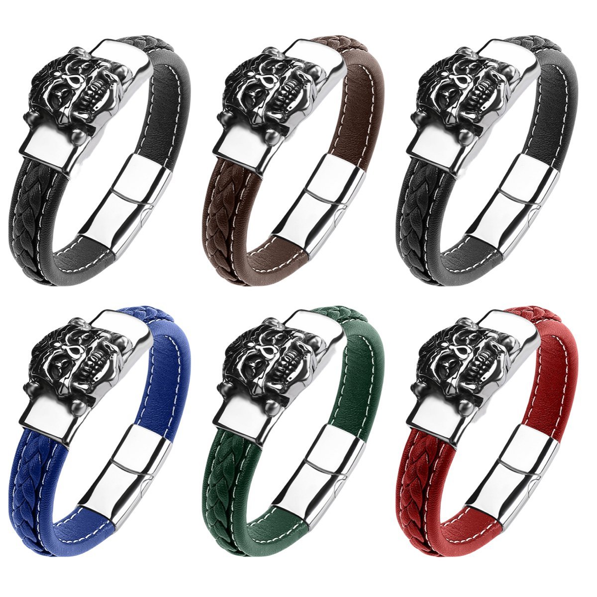 Men's Braided Leather Bracelet Silver Skull Head Chain Stainless Steel Clasp Wristband Cuff Rope Bangle for Men Gifts