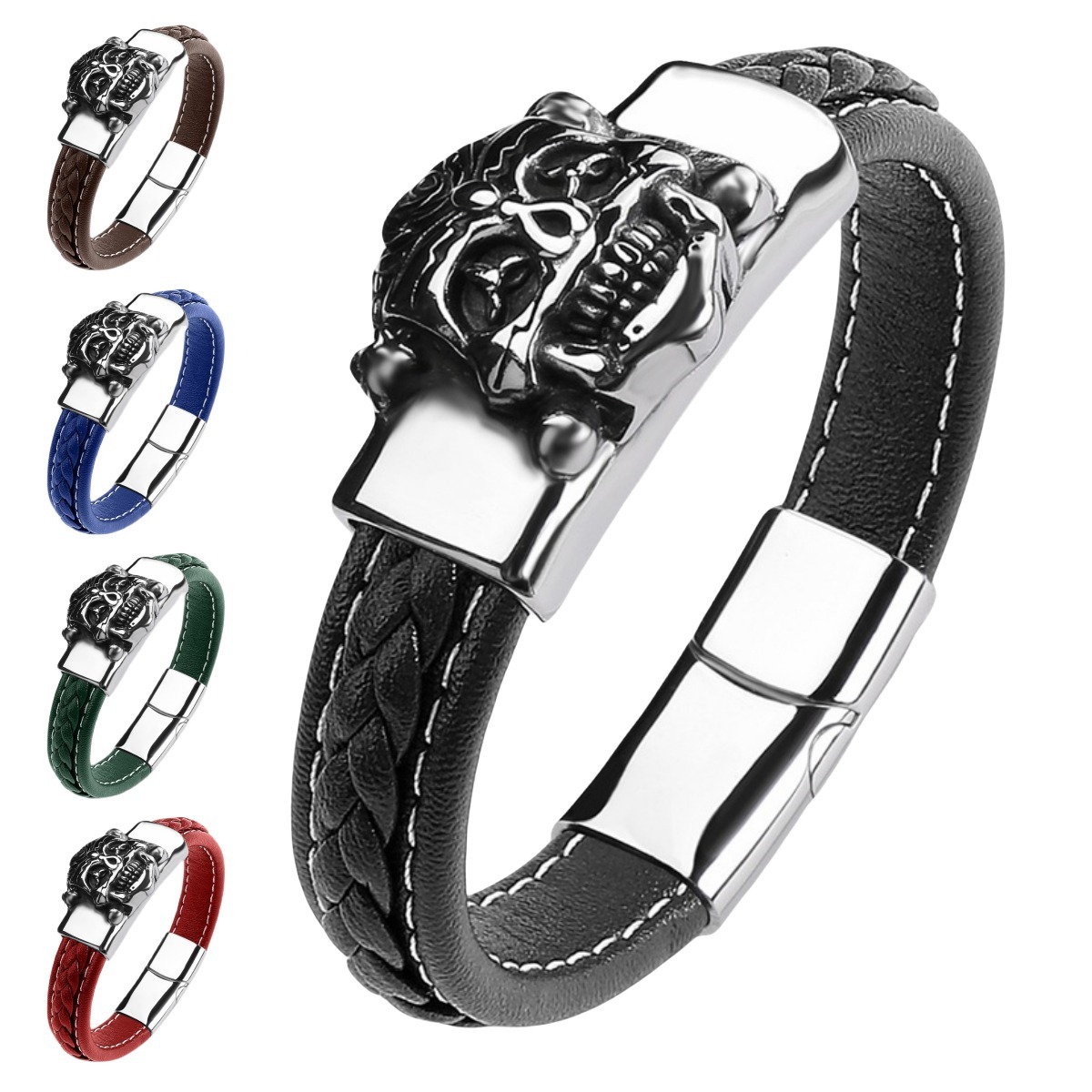 Men's Braided Leather Bracelet Silver Skull Head Chain Stainless Steel Clasp Wristband Cuff Rope Bangle for Men Gifts