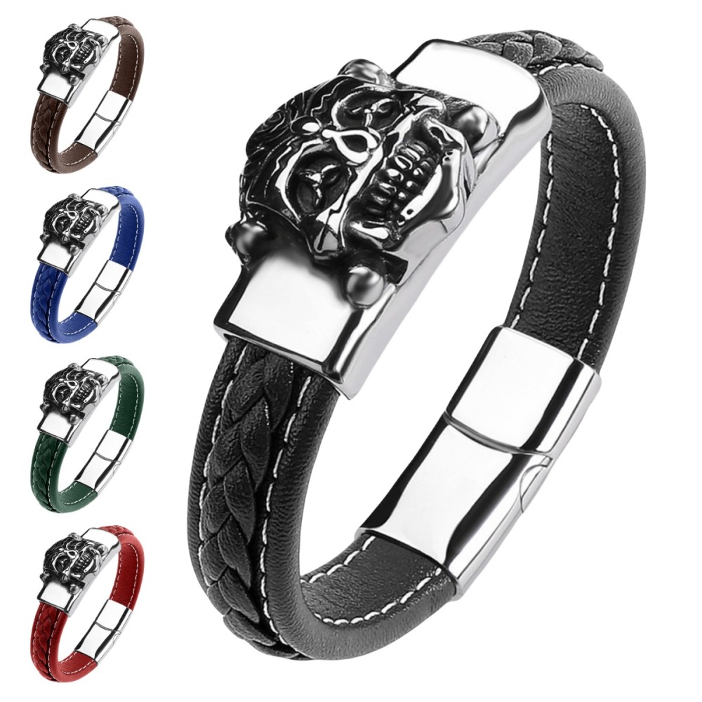 Men's Braided Leather Bracelet Silver Skull Head Chain Stainless Steel Clasp Wristband Cuff Rope Bangle for Men Gifts