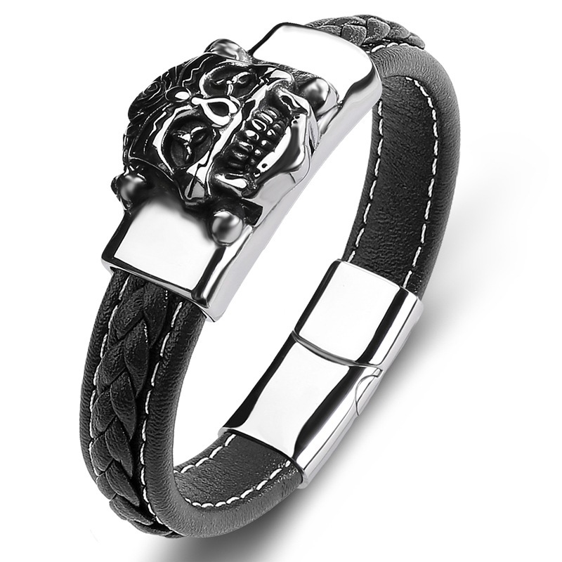 Men's Braided Leather Bracelet Silver Skull Head Chain Stainless Steel Clasp Wristband Cuff Rope Bangle for Men Gifts