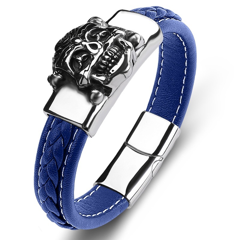 Men's Braided Leather Bracelet Silver Skull Head Chain Stainless Steel Clasp Wristband Cuff Rope Bangle for Men Gifts