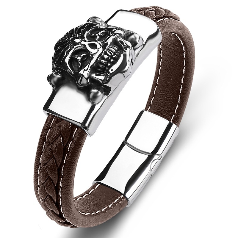 Men's Braided Leather Bracelet Silver Skull Head Chain Stainless Steel Clasp Wristband Cuff Rope Bangle for Men Gifts