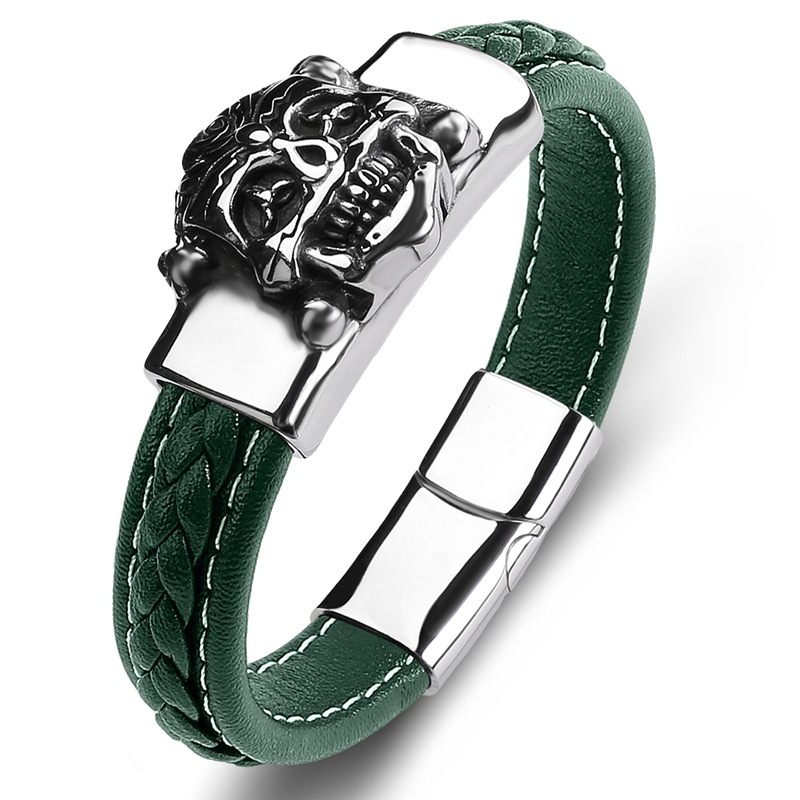 Men's Braided Leather Bracelet Silver Skull Head Chain Stainless Steel Clasp Wristband Cuff Rope Bangle for Men Gifts