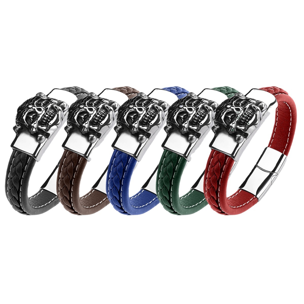 Men's Braided Leather Bracelet Silver Skull Head Chain Stainless Steel Clasp Wristband Cuff Rope Bangle for Men Gifts