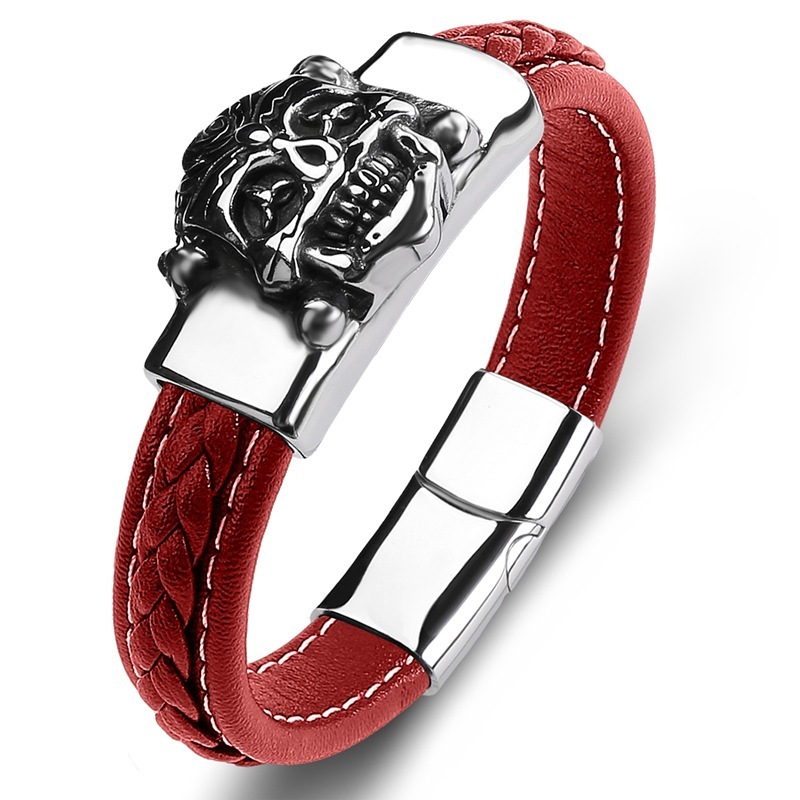 Men's Braided Leather Bracelet Silver Skull Head Chain Stainless Steel Clasp Wristband Cuff Rope Bangle for Men Gifts