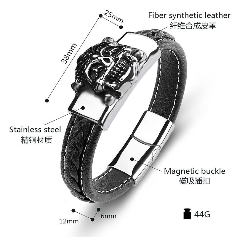 Men's Braided Leather Bracelet Silver Skull Head Chain Stainless Steel Clasp Wristband Cuff Rope Bangle for Men Gifts