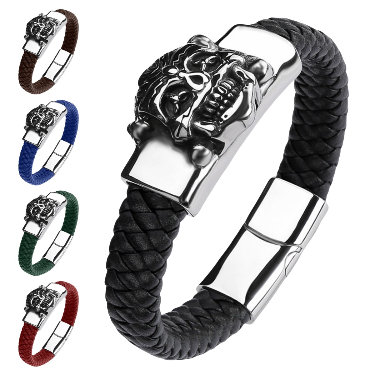 Men's Braided Leather Bracelet Handmade Woven Silver Skull Head Chain Stainless Steel Clasp Wristband Cuff Rope Bangle for Men Gifts