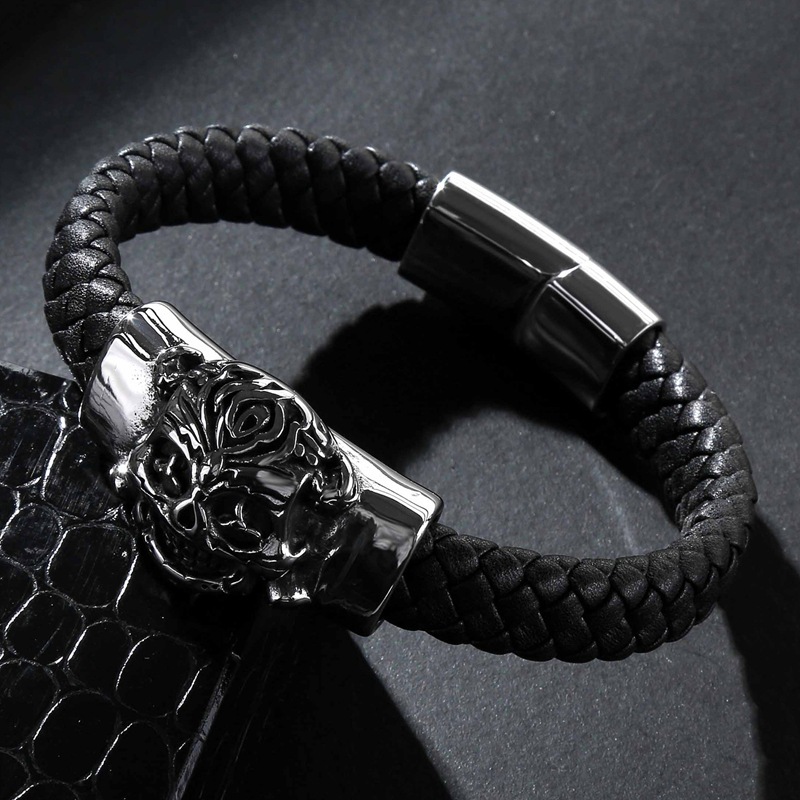 Men's Braided Leather Bracelet Handmade Woven Silver Skull Head Chain Stainless Steel Clasp Wristband Cuff Rope Bangle for Men Gifts