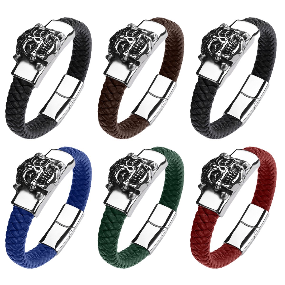 Men's Braided Leather Bracelet Handmade Woven Silver Skull Head Chain Stainless Steel Clasp Wristband Cuff Rope Bangle for Men Gifts