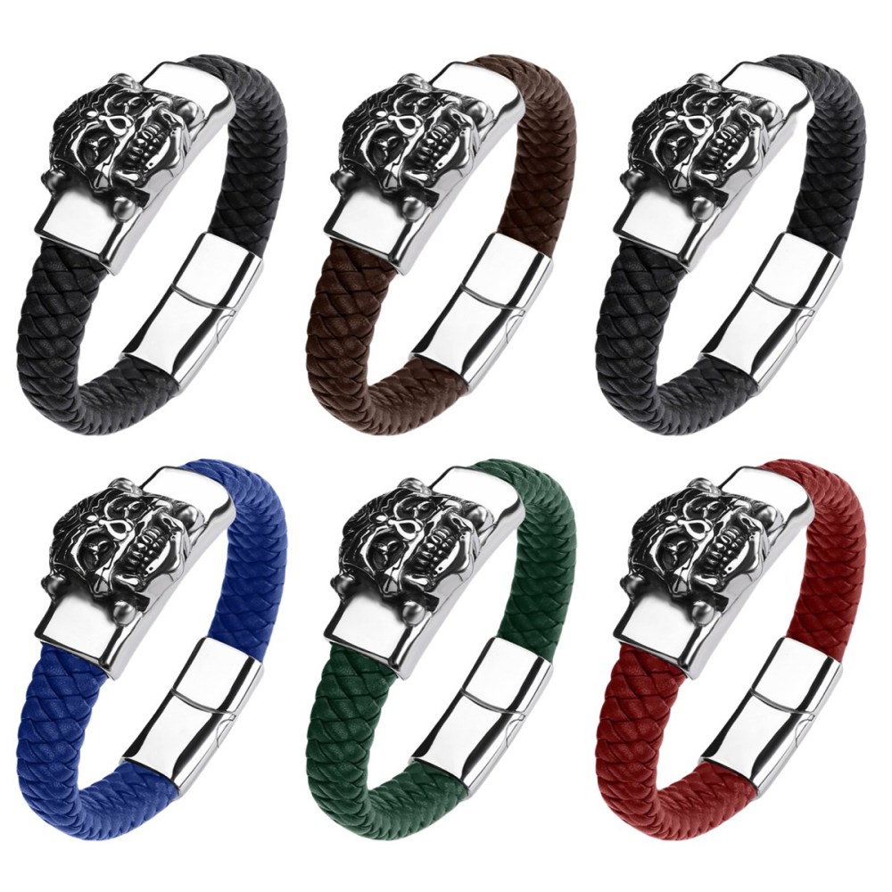 Men's Braided Leather Bracelet Handmade Woven Silver Skull Head Chain Stainless Steel Clasp Wristband Cuff Rope Bangle for Men Gifts