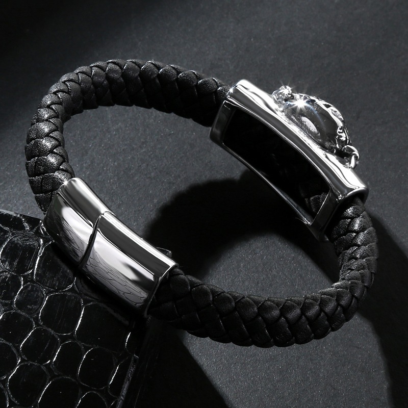 Men's Braided Leather Bracelet Handmade Woven Silver Skull Head Chain Stainless Steel Clasp Wristband Cuff Rope Bangle for Men Gifts