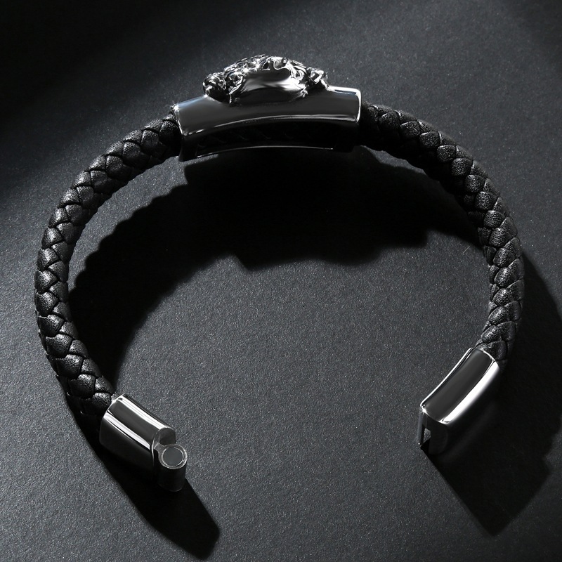 Men's Braided Leather Bracelet Handmade Woven Silver Skull Head Chain Stainless Steel Clasp Wristband Cuff Rope Bangle for Men Gifts
