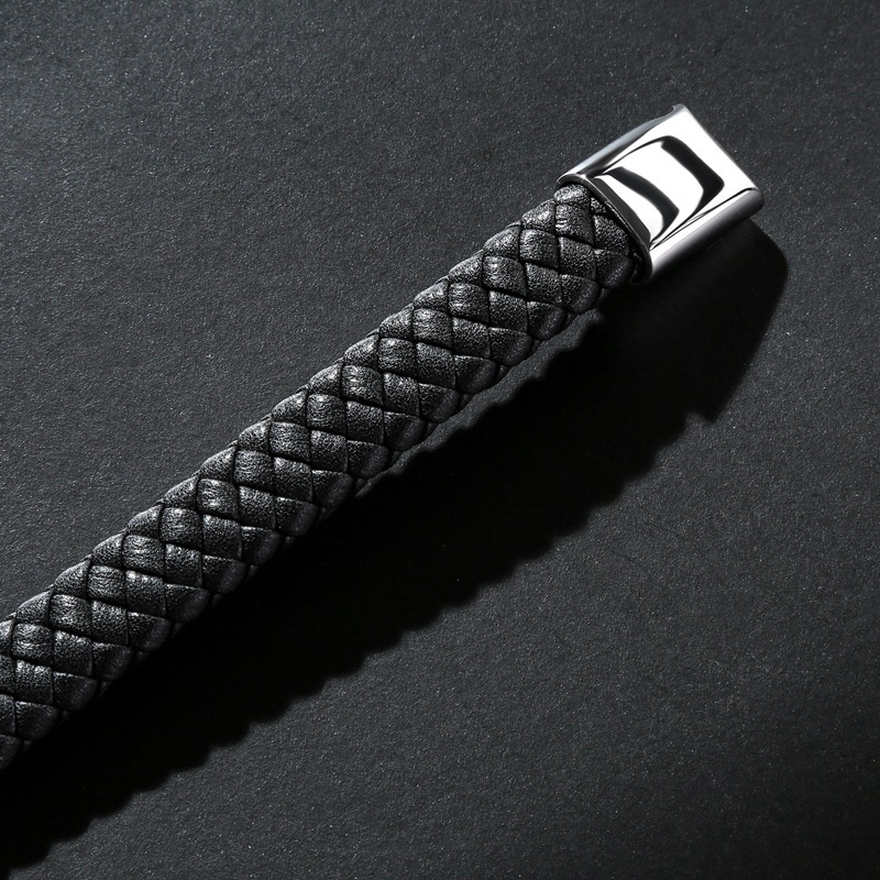 Men's Braided Leather Bracelet Handmade Woven Silver Skull Head Chain Stainless Steel Clasp Wristband Cuff Rope Bangle for Men Gifts