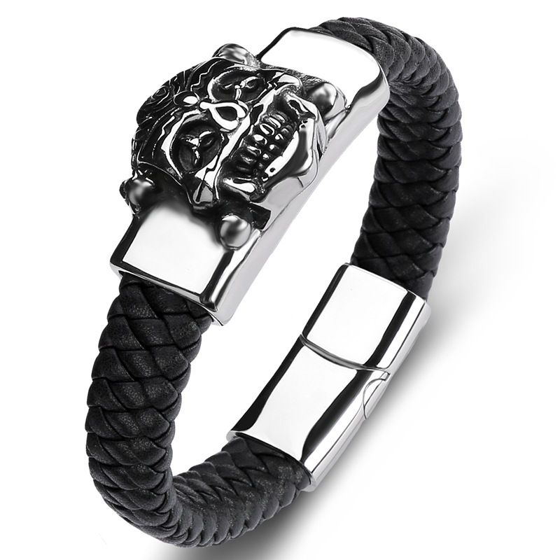 Men's Braided Leather Bracelet Handmade Woven Silver Skull Head Chain Stainless Steel Clasp Wristband Cuff Rope Bangle for Men Gifts