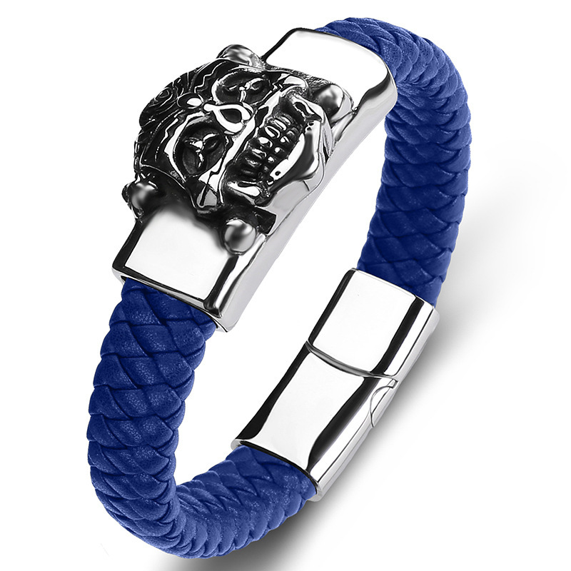 Men's Braided Leather Bracelet Handmade Woven Silver Skull Head Chain Stainless Steel Clasp Wristband Cuff Rope Bangle for Men Gifts