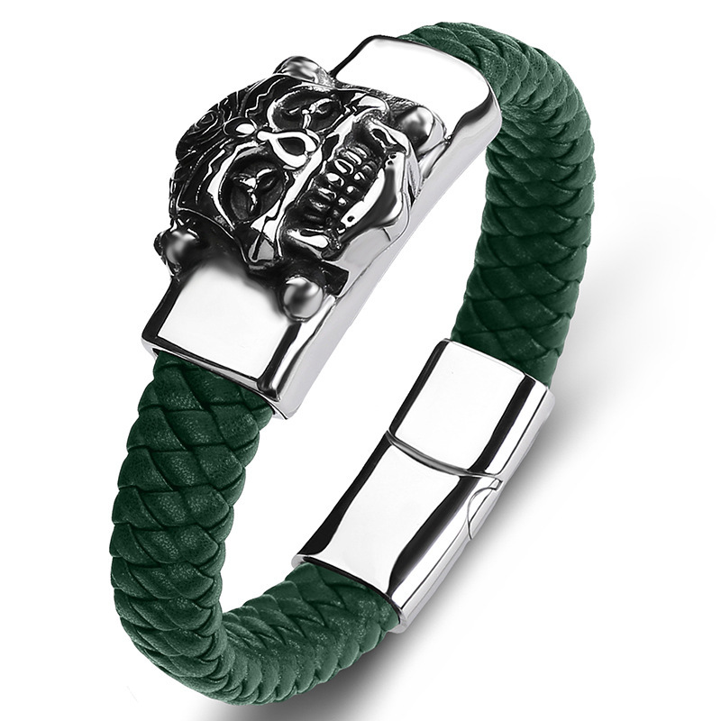 Men's Braided Leather Bracelet Handmade Woven Silver Skull Head Chain Stainless Steel Clasp Wristband Cuff Rope Bangle for Men Gifts