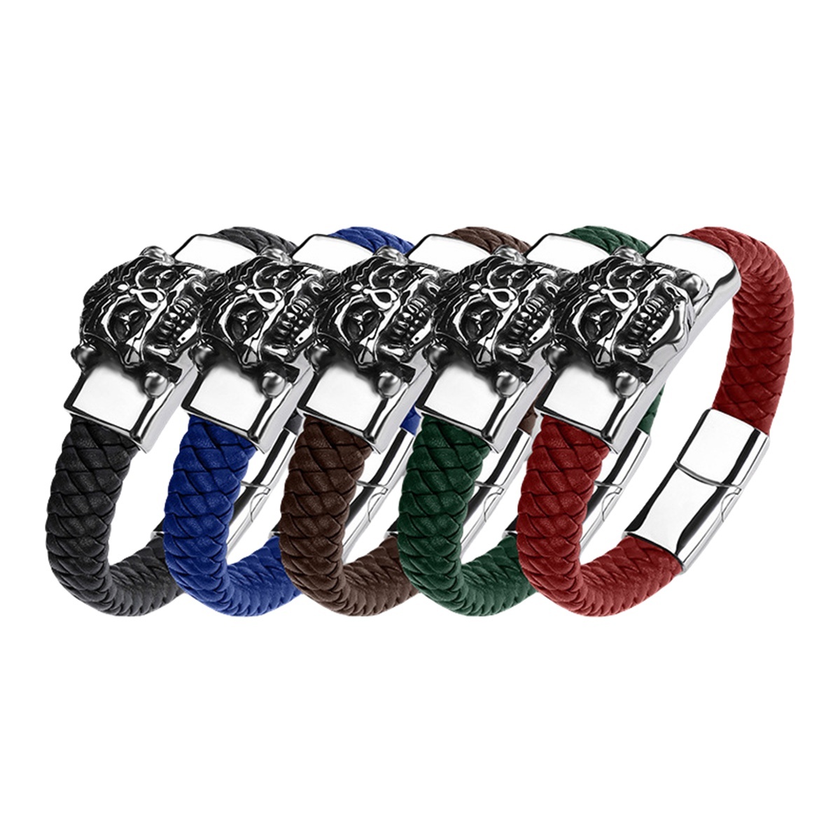 Men's Braided Leather Bracelet Handmade Woven Silver Skull Head Chain Stainless Steel Clasp Wristband Cuff Rope Bangle for Men Gifts